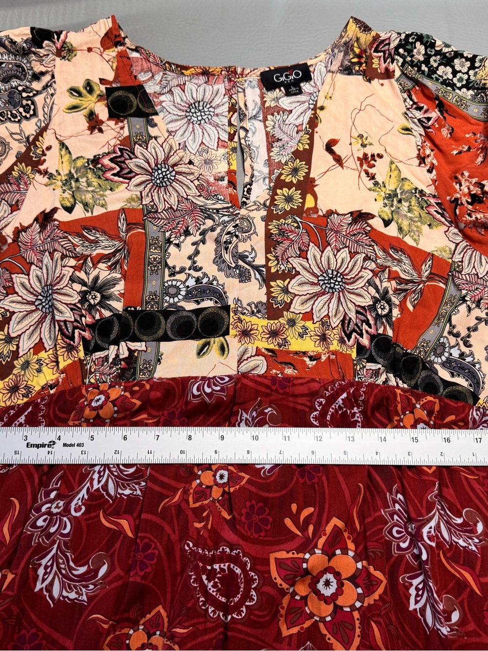 Burgandy Gigio by Umgee Mixed Print Tiered V-Neck Maxi Dress Patchwork Bohemian - Picture 7 of 11